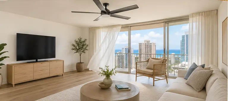 Bright staged Waikiki living room with a new straight-bladed ceiling fan