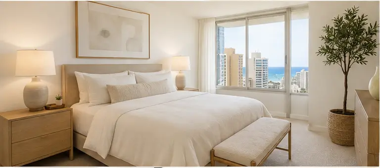 Calm staged primary bedroom in a Waikiki condominium